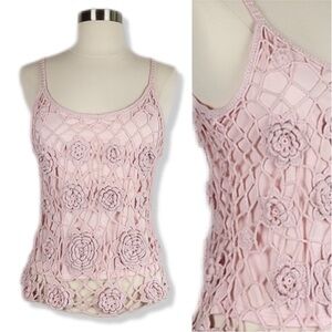 Vintage Y2K Blush Pink Coquette Crochet Rose Sleeveless Tank Top S